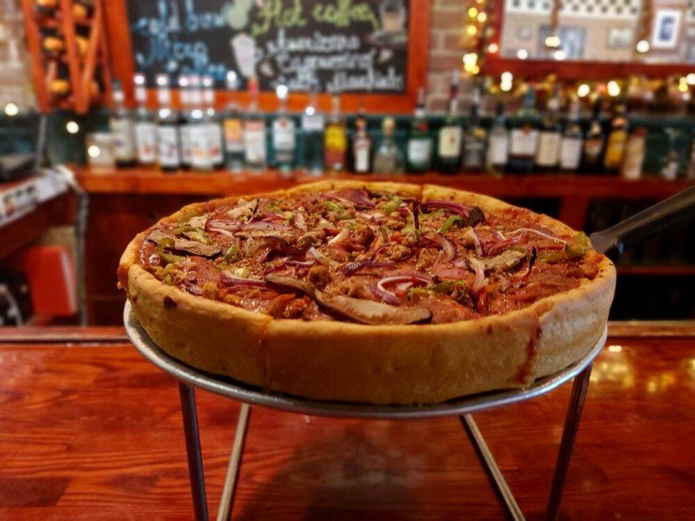 Chicago Deep Dish pizza on the counter